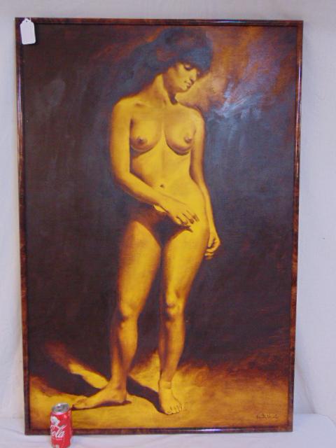 Painting, nude full body portrait, Kenneth Hari, on: Painting, nude full body portrait, Kenneth Hari, on wood board, in shades of yellow, 49" by 32"