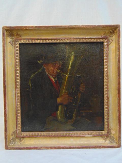 Painting, "Man with Tuba" , signed G. Roeseler, painted: Painting, "Man with Tuba" , signed G. Roeseler, painted on canvas, 12.25" by 11.75", note, on paperwork from the consignor provided by Sotheby Parke Bernet, this painting is listed as "The Saxophonist
