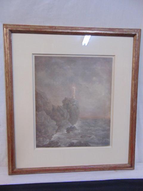 Painting, Andreas Achenbach, "Crucifixion by a Rocky: Painting, Andreas Achenbach, "Crucifixion by a Rocky Coast", watercolor, 13.25" by 11 1/8", with Sotheby Parke Bernet evaluation.
