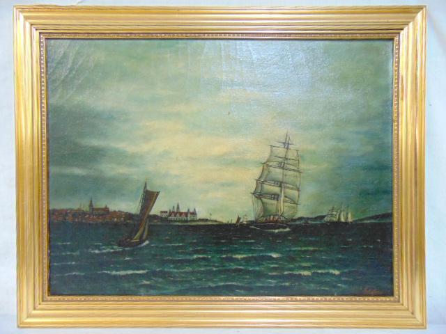 Painting, sail ships of coast, Th. G. Lee, oil on: Painting, sail ships of coast, Th. G. Lee, oil on canvas, signed lower right, 18" by 24", showing large sail ship of coast, town with church, various spires in background.