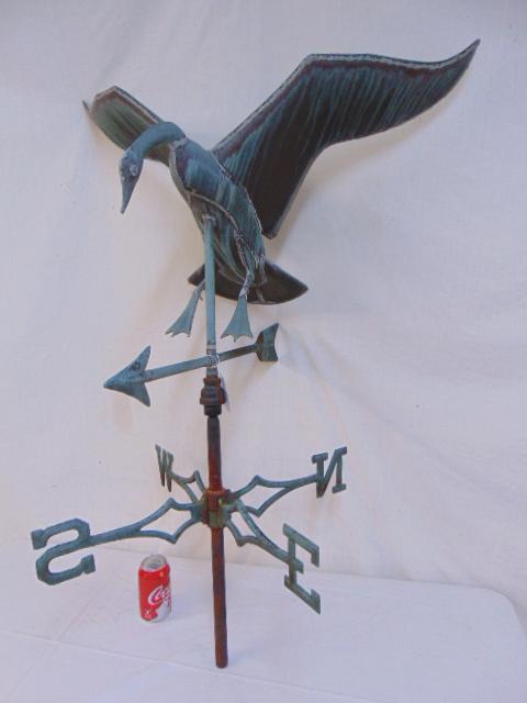 Landing goose weathervane, rare 1920's-1930's copper: Landing goose weathervane, rare 1920's-1930's copper weathervane with directional base, good condition, weathervane is 43.5" tall, as shown with directional, wingspan is 32"