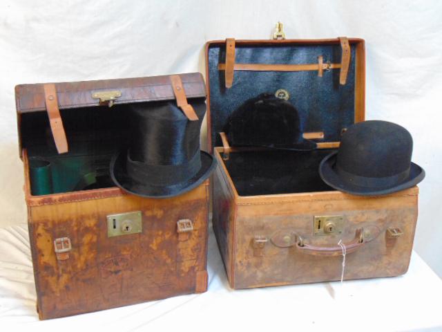 2 leather hat boxes with hats, Brooks Brothers leather: 2 leather hat boxes with hats, Brooks Brothers leather hat box & The "Perry" Piccadilly Hat box, hats included: 2 Brooks Brothers hats, John Cavanagh & Lock & Co. tall hat.