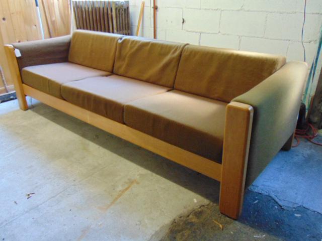 Knoll International sofa, laminated oak, original: Knoll International sofa, laminated oak, original pillows, 93" long, 34" deep, height is 25"