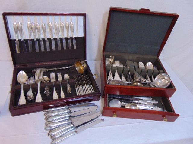 800 silver flatware set in case & sp flatware set, 102: 800 silver flatware set in case & sp flatware set, 102 tory plus knives, comes with set of silver plated flatware in case.