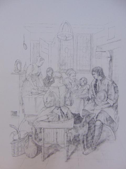 Pencil drawing, "Jan Steen suite # 5", by Larry Day,: Pencil drawing, "Jan Steen suite # 5", by Larry Day, pencil drawing on paper, 1985, various labels, size is 34" by 27".