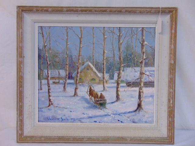 Painting, Voldemars "Atral Majas", figure in snow on: Painting, Voldemars "Atral Majas", figure in snow on horse drawn sled, painted on canvas, 20" by 24"
