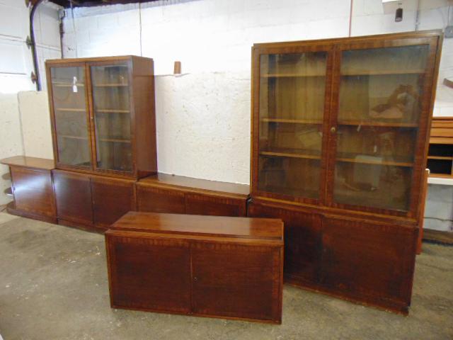Sectional wall unit, furniture lot, 4 base cabinets, 2: Sectional wall unit, furniture lot, 4 base cabinets, 2 with bookcase tops & rounded end cabinet, can be configured as a unit, or individually, bookcases (base cabinets with tops, as shown) are 47.5" b