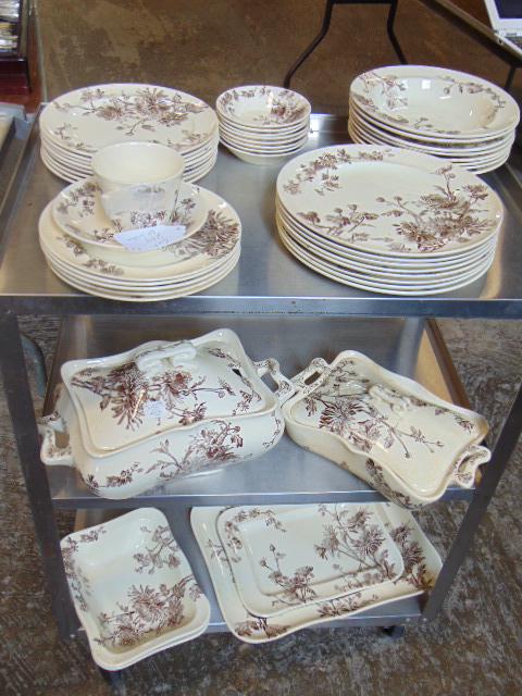 Chrysanthemum pattern GJ & Sons, N. Staffordshire: Chrysanthemum pattern GJ & Sons, N. Staffordshire England brown transfer ware dinnerware, 19th Century, 2 serving platters, 2 covered dish, 2 serving bowls, 8 soup plates, 8 dinner plates, 5 cake plat