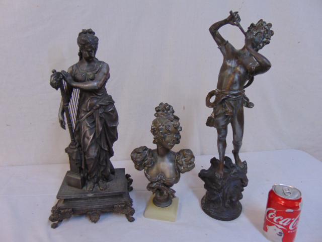 3 Spelter figures, woman with harp, bust of woman & boy: 3 Spelter figures, woman with harp, bust of woman & boy with flute, boy with flute is 19.5" tall, bust of woman has crack, mounted on onyx base
