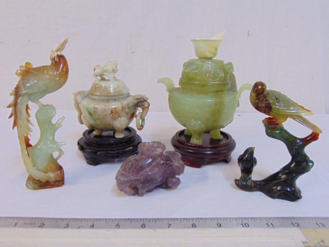 Asian hardstone carvings, Jadeite (?), includes covered: Asian hardstone carvings, Jadeite (?), includes covered jar in green with handles, covered jar with ring handles & carved foo dog lid, 2 bird carvings (both repaired) & small amethyst like carved vess