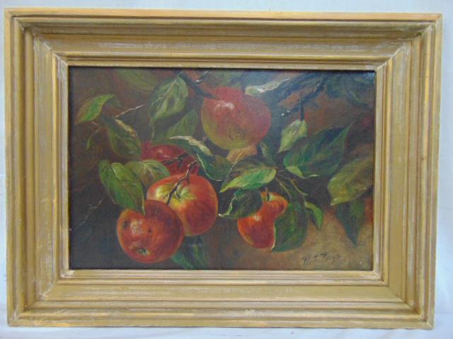 Painting, apples, W.J. Hays, oil on canvas, 19th: Painting, apples, W.J. Hays, oil on canvas, 19th Century, canvas is 12" by 17"