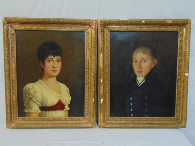 Pair portraits, oil on canvas, J.B. Kraft, man & woman,: Pair portraits, oil on canvas, J.B. Kraft, man & woman, man in buttoned jacket (uniform ?), painted on canvas, 23" by 17.75"