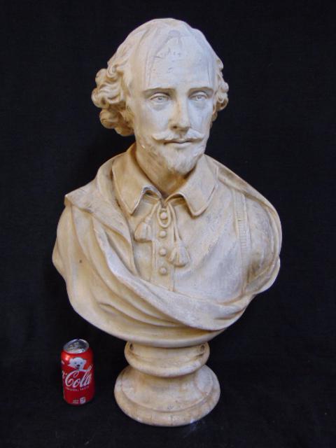 Plaster bust, Shakespeare: Plaster bust, William Shakespeare, unsigned, height is 29.25", shows scratches, few small chips, no cracks, breaks or repairs.