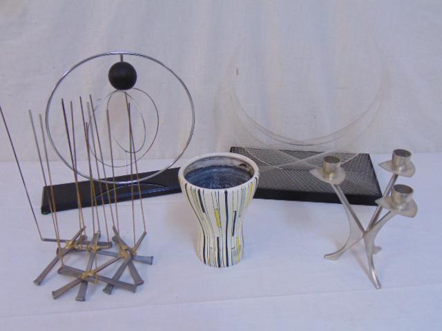 Sculpture lot, Silas Seandel & others, nail sculpture: Sculpture lot, Silas Seandel & others, nail sculpture by Seandel, Norwegian candle holder, Italian art pottery vase, kinetic sculpture & plastic & nylon sculpture