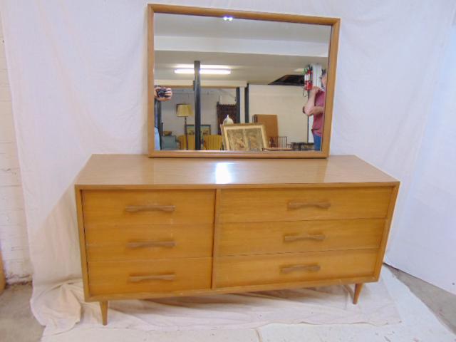 Foster McDavid MCM sideboard, or double dresser with: Foster McDavid MCM sideboard, or double dresser with mirror, 3 by 3 drawers, wood pulls, some scratches, wear, cabinet is 59.5" by 18", height is 30.25", was 78