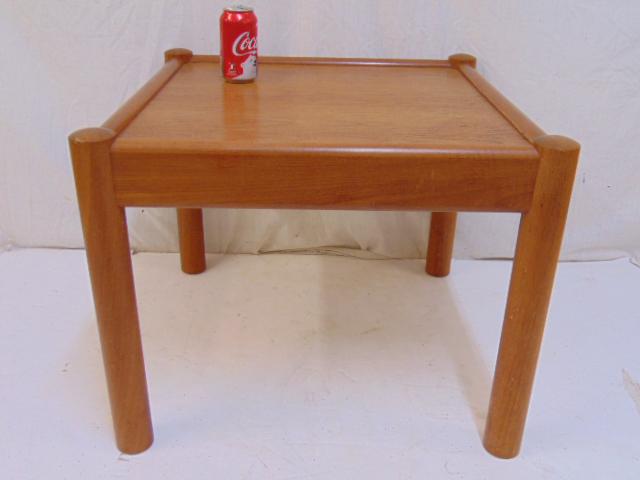 Danish modern side table, partial tag, Mobler, 24.5" by: Danish modern side table, partial tag, Mobler, 24.5" by 24.5", height is 19.5"