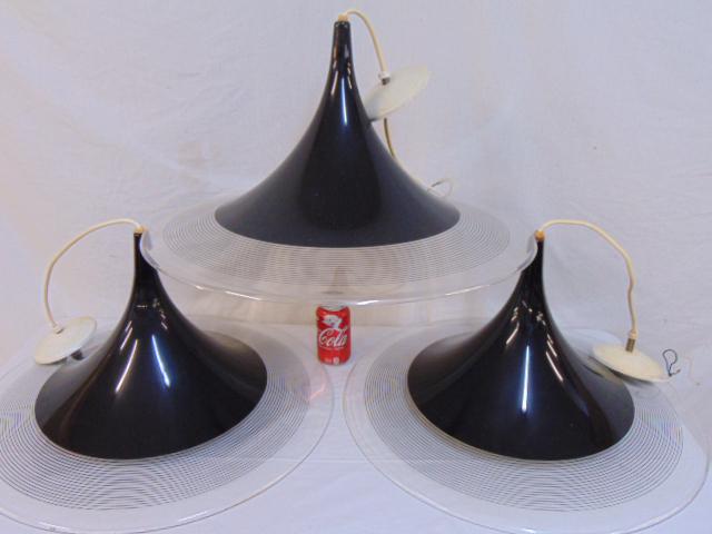 3 modern hanging fixtures, plastic trumpet shaped with: 3 modern hanging fixtures, plastic trumpet shaped with black line decoration, each fixture is 23.75" in diameter, height is 13"
