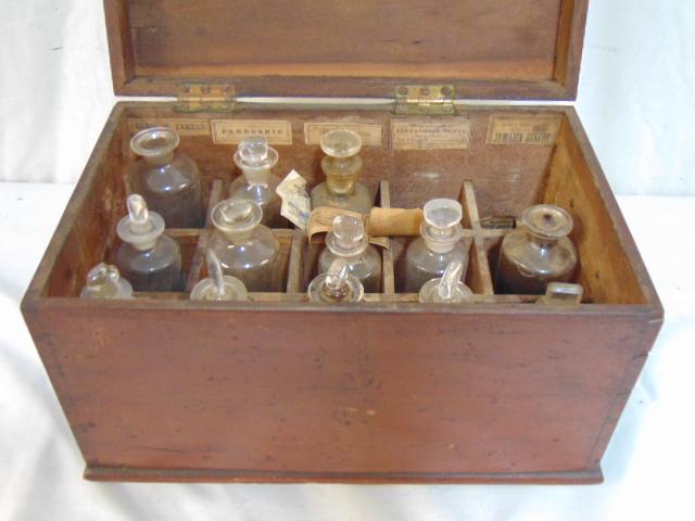 Medicine box, apothecary, late 18th, early 19th: Medicine box, apothecary, late 18th, early 19th Century, wood box with 13 apothecary bottles, box is 13" by 8"