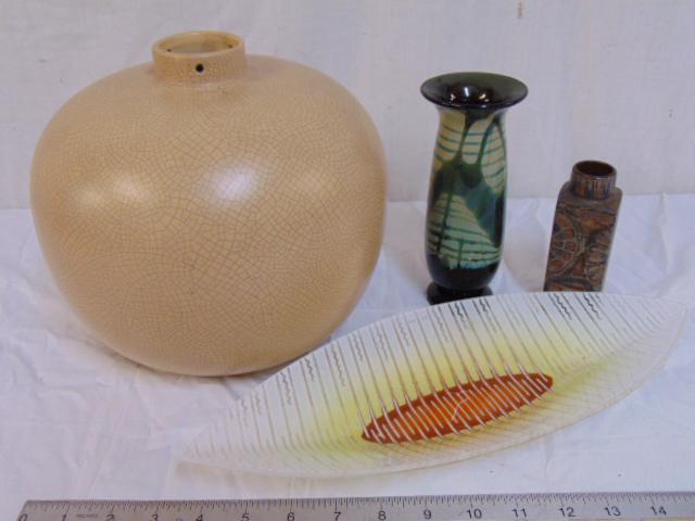 MCM pottery & glass lot, art glass tray & vase, large: MCM pottery & glass lot, art glass tray & vase, large crackle glazed pottery vase, Belgium, drilled for lamp & small art pottery vase, Royal Copenhagen.