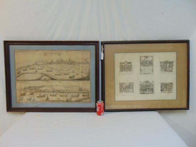 William Hogarth woodblock sheet & early City of: William Hogarth woodblock sheet & early City of Rochester print, Hogarth sheet includes 6 theater scenes, 17.25" by 22", some foxing, Rochester print shop two views of the City of Rochester, "Taken fr
