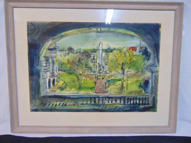Painting, scene with obelisk (Paris ?), Francis Chapin,: Painting, scene with obelisk (Paris ?), Francis Chapin, watercolor on paper, 20" by 29", some water damage upper left, mostly on matting,