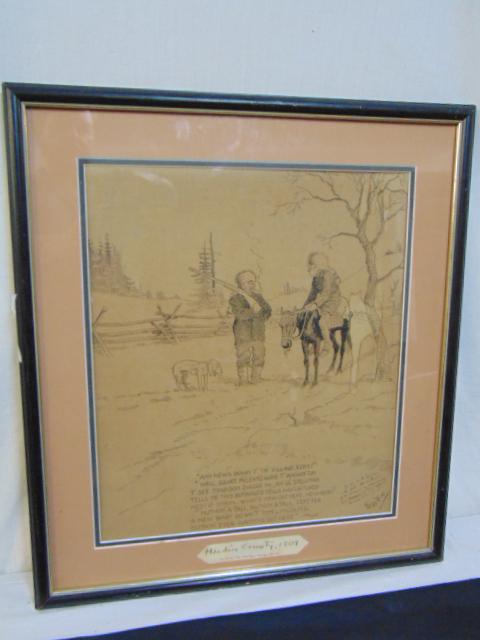 Harold Tucker Webster illustration, "Hardin County,: Harold Tucker Webster illustration, "Hardin County, 1809", birth of Lincoln satirical pen & ink, "Any news down 't the village, Ezry?" "Well, Squire McLain's gone t' Washington t' see Madison swore in