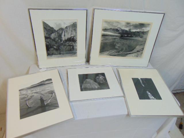 5 photographs, John Schoening, Yosemite (2 prints); M.: 5 photographs, John Schoening, Yosemite (2 prints); M. Wanner (Warner ?) dunes & water & untitled (2 prints) & large photograph, mountain, river, 1975, signed Illegibly (12.75" by 16.5")