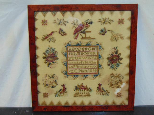 Needlepoint sampler, "C. Platt 1840", alphabet, various: Needlepoint sampler, "C. Platt 1840", alphabet, various birds, has worn hole lower right, 18.5" by 18"