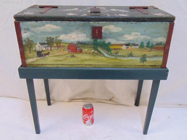 Paint decorated box on stand, folk art painted box with: Paint decorated box on stand, folk art painted box with strap hinges, decorated with painted farm scene & birds, box is 26" by 12", height (on base, as shown) is 25.5"