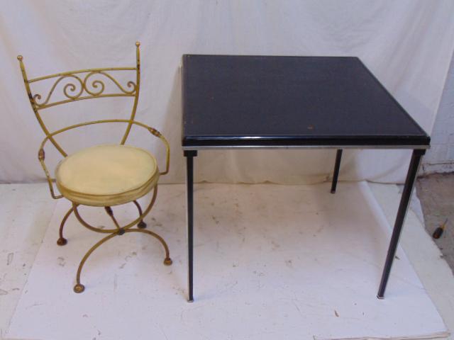 Art deco folding card table & iron stool, vanity chair: Art deco folding card table & iron stool, vanity chair with brass fittings, card table is 30" by 30", height is 27.5", table has some loose trim.