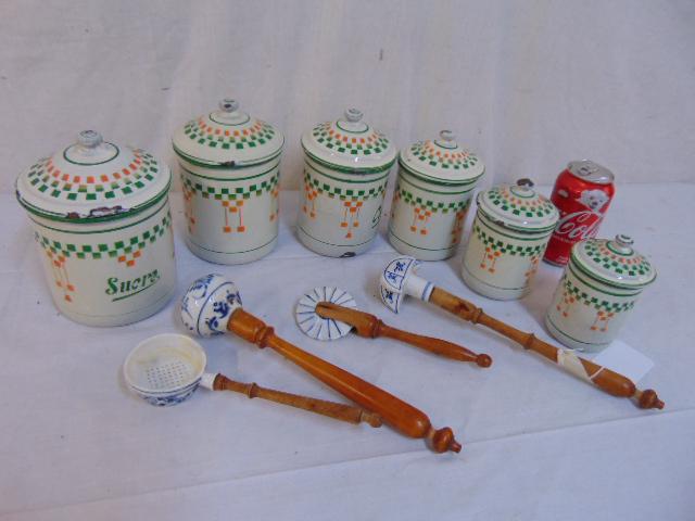 Kitchen utensil lot, 6 enameled steel canisters & 4: Kitchen utensil lot, 6 enameled steel canisters & 4 porcelain onion Meissen style kitchen tools