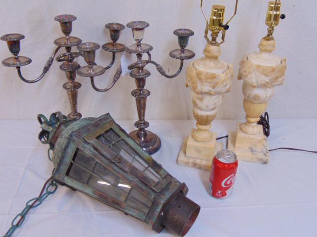 Pair silver-plate candelabra, alabaster lamps &: Pair silver-plate candelabra, alabaster lamps & lantern, two three pronged silver plated candelabra, pair carved alabaster table lamps with carved finials & copper lantern.