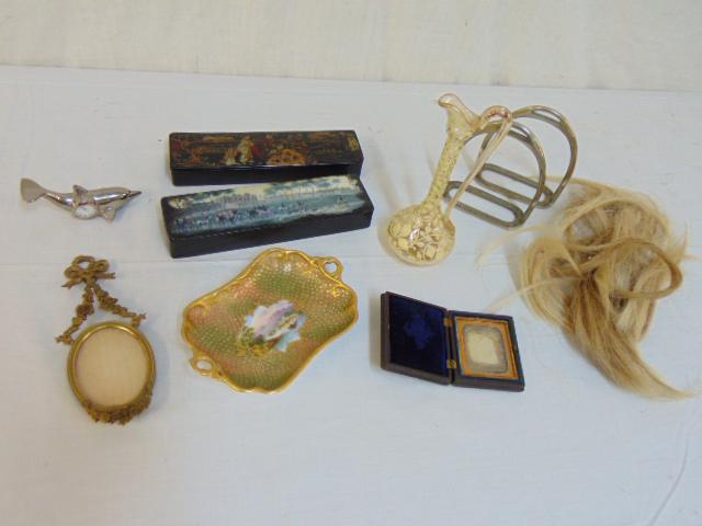Lot smalls, Russian & Chinois paper Mache paint: Lot smalls, Russian & Chinois paper Mache paint decorated boxes; equestrian items, hair, stirrups; small chrome, plated dolphin clock; small bronze frame with ribbon decoration; small daguerreotype in