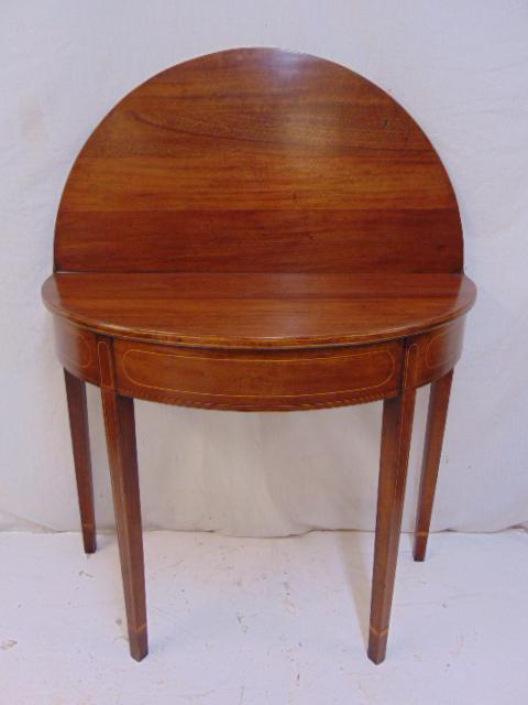 Inlaid demi lune console table, top is 37" in diameter: Inlaid demi lune console table, top is 37" in diameter (open), height table is 29.25"