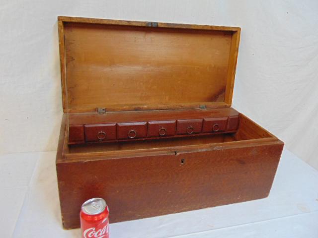 Paint decorated box with interior drawers, box is: Paint decorated box with interior drawers, box is 25.25" by 12" by 10.25"