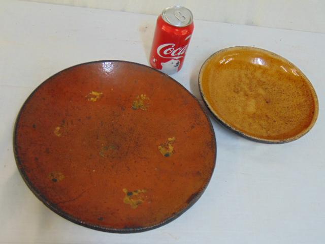 Redware, slip decorated plate & small bowl, slipware is: Redware, slip decorated plate & small bowl, slipware is 12" in diameter, small plate is 8.75"