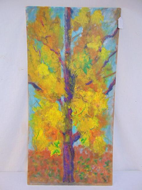 Painting, "Leafy Tree", Milton Lunin, 1986, painted on: Painting, "Leafy Tree", Milton Lunin, 1986, painted on Masonite, 48" by 24.5"