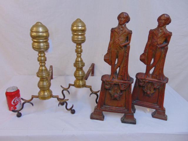 2 pair andirons, brass Chippendale & figural George: 2 pair andirons, brass Chippendale & figural George Washington andirons, brass Chippendale andirons are 18.5" tall, figural brass andirons, showing George Washington leaning on draped column in 20.5" 