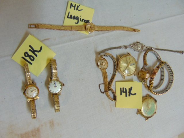 Gold watches, (2) 18k faces vintage Tissot & Onsa, (6): Gold watches, (2) 18k faces vintage Tissot & Onsa, (6) 14k faces & (1) 14k Vintage Longines with gold band