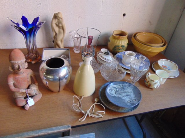 Glass, pottery crystal Pre Columbian, large lot: Glass, pottery crystal Pre-Columbian, large lot with small objects including Steuben, art Pottery, crystal basket bowls, several Royal Doulton "Bunnykins" pieces, mixing bowls & a pre-Columbian seated