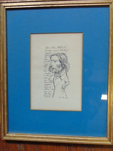 David Levine, pen & Ink drawing, "Ruskin": Art, small pen & ink drawing, "Ruskin" caricature with text, signed D. Levine, '64, on paper, 6" by 4"