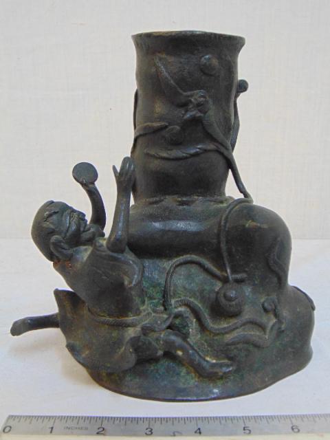 Chinese bronze, Ming Dynasty, "Shaking the Money Tree",: Chinese bronze, Ming Dynasty, "Shaking the Money Tree", signed, with documentation, vase is 8.5" tall.