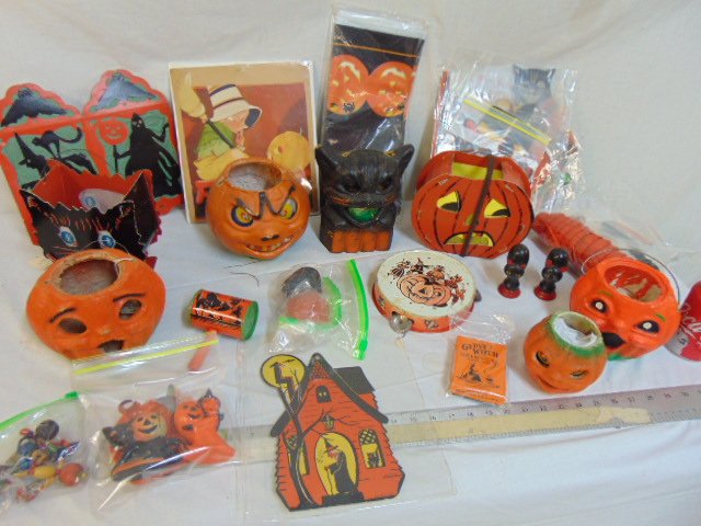 Vintage Halloween lot, paper mache pumkins, paper mache: Vintage Halloween lot, paper mache pumkins, paper mache cat, various noise makers,peper cutouts, salt & peppers & much more, great vintage Halloween lot