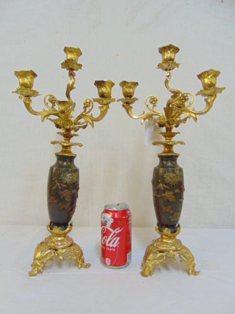 Pair mixed metal Japanese vases mounted with French: Pair mixed metal Japanese vases mounted with French candelabra tops, gild detail, floral decorated, height is 17.5" bent foot and loose bobech otherwise food patina and no issues