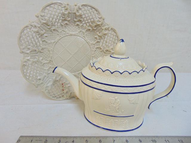 2 pieces creamware, tea pot & reticulated plate, plate: 2 pieces creamware, tea pot & reticulated plate, plate is 10.5", teapot is decorated with figures, blue trim, hairline in bottom, 7.5" tall, repair, chips to edge lid.