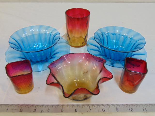 Glass lot, Celeste blue Steuben & Peach blow, includes: Glass lot, Celeste blue Steuben & Peach blow, includes two Steuben Celeste finger bowls, both in excellent condition, two small peach blow shot glasses, small cup & bowl, all in good condition.