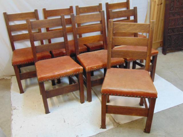 Set of 8 Gustav Stickley leather seat chairs, mission: Set of 8 Gustav Stickley leather seat chairs, mission oak, arts & crafts dining room chairs, ladder-back, in oak, brown leather seats, signed, each chair is 16.5" by 18.5", height is 37.25", chairs in