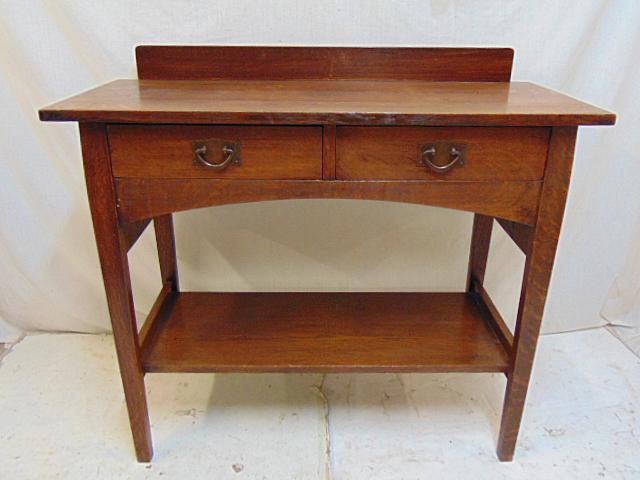 Signed Gustav Stickley, Harvey Ellis server, mission: Signed Gustav Stickley, Harvey Ellis server, mission oak, arts & crafts 2 drawer server with lower shelf, 42.25" by 18", height is 37.25"
