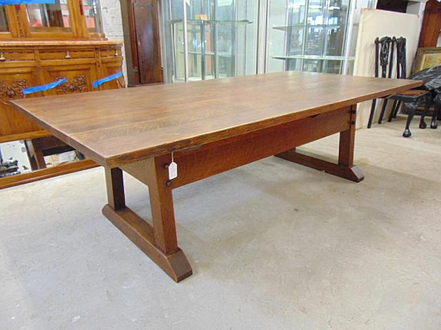 Directors table signed Gustav Stickley, arts & crafts: Directors table signed Gustav Stickley, arts & crafts table, top is 96" by 47.25", height is 29.75", original finish, signed, various small ink, water stains etc. separation of top boards, otherwise i