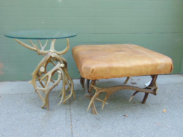 Antler base leather top ottoman & table, ottoman is 31": Antler base leather top ottoman & table, ottoman is 31" by 31", height is 20", glass top antler base table is 24" (glass), height is 27", note real horn, not faux.